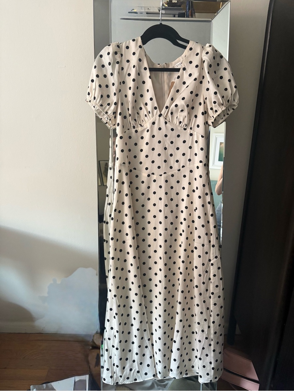 Polka Dot V-Neck Midi Dress in Cream and Black